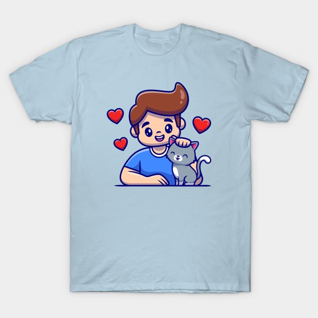 Cute Boy With Cat Cartoon T-Shirt by Catalyst Labs